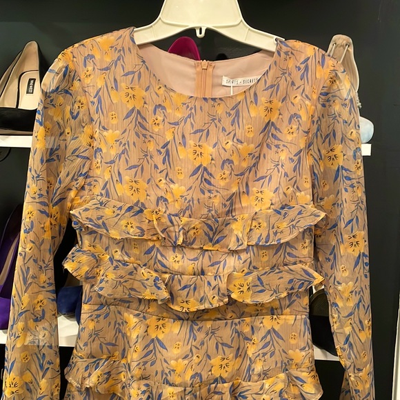 Sheer dress with ruffles. Yellow/mocha with blue/yellow flowers. Fully Lined. - Picture 2 of 5